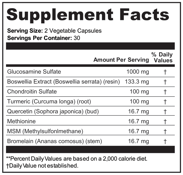 Supplement Facts for NeuroLift Joint Support